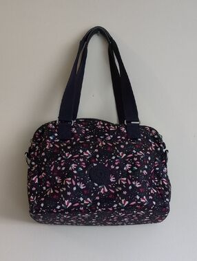 Kipling Black Floral Shoulder Bag with Pink & Blue Accents